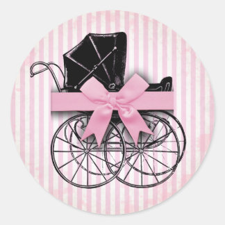 Sticker Rond Sweet rose Vintage Baby Carriage Pram et Bow