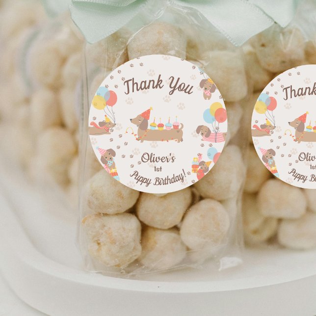 Sticker Rond Sweet Sausage Puppy Birthday Party Thank You (Créateur téléchargé)
