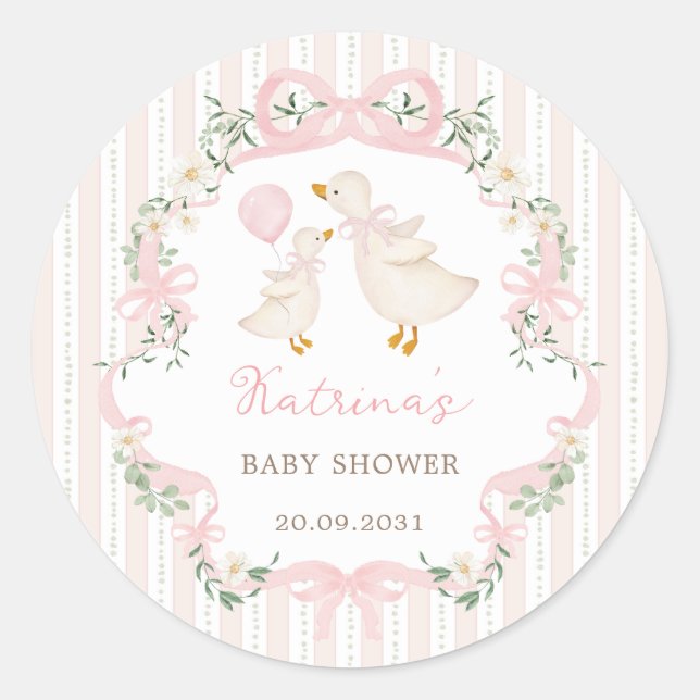 Sticker Rond Sweet Silly Goose Pink Bow Floral Baby Shower (Devant)
