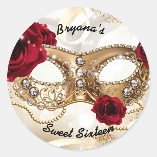 Sticker Rond Sweet sixteen 16 Crème Gold Masquerade Ball Party (Devant)