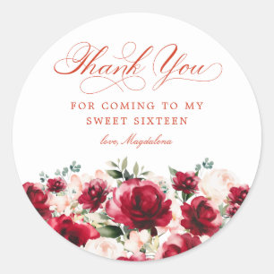 Sticker Rond Sweet sixteen 16 Parti Rouge rose Merci floral