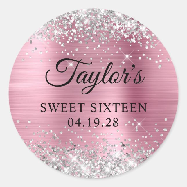 Sticker Rond Sweet sixteen à huile rose Parties scintillant arg (Devant)