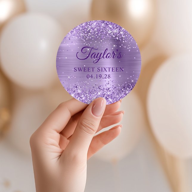 Sticker Rond Sweet sixteen à huile violet clair (Glittery Light Purple Foil Sweet Sixteen Classic Round Sticker)