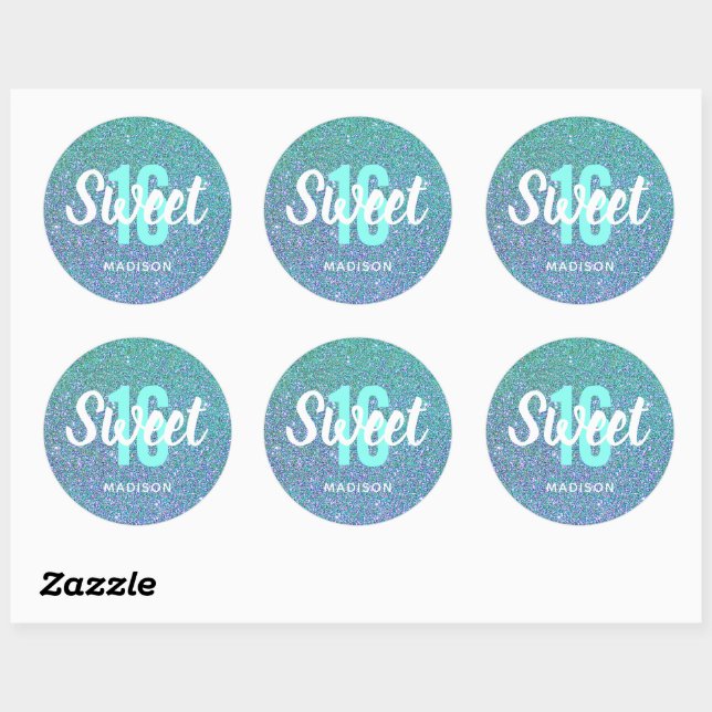 Sticker Rond Sweet sixteen Anniversaire Turquoise Bleu Moderne  (Feuille)