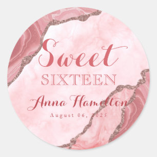 Sticker Rond Sweet sixteen Blush Pink Gold Agate Géode Annivers