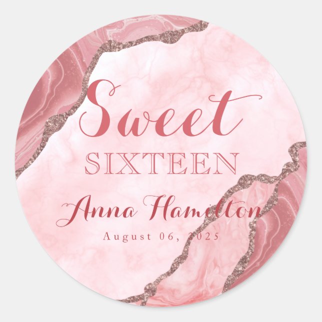 Sticker Rond Sweet sixteen Blush Pink Gold Agate Géode Annivers (Devant)