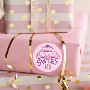 Sticker Rond Sweet sixteen Cute Tiara Pink fête d'anniversaire