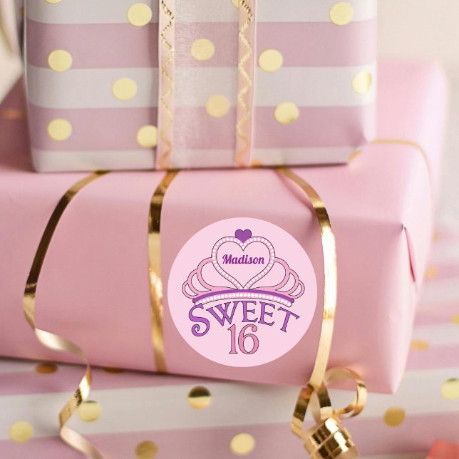 Sticker Rond Sweet sixteen Cute Tiara Pink fête d'anniversaire (Créateur téléchargé)