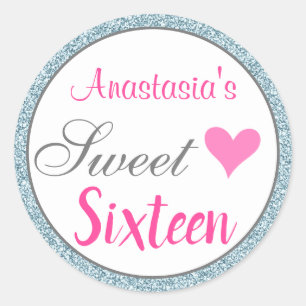 Sticker Rond Sweet sixteen de Parties scintillant bleu clair ro