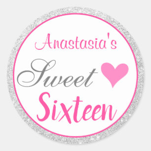 Sticker Rond Sweet sixteen de Parties scintillant rose et argen