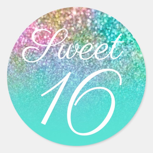 Sticker Rond Sweet sixteen de Parties scintillant Turquoise Omb (Devant)