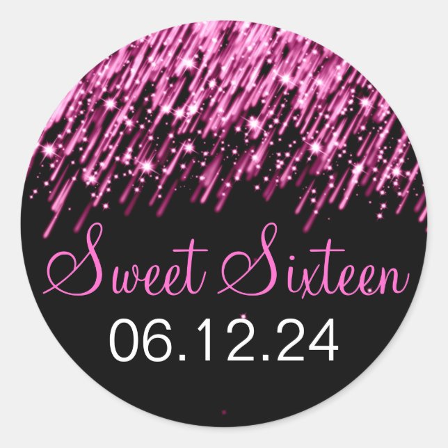 Sticker Rond Sweet sixteen en chute des étoiles rose (Devant)