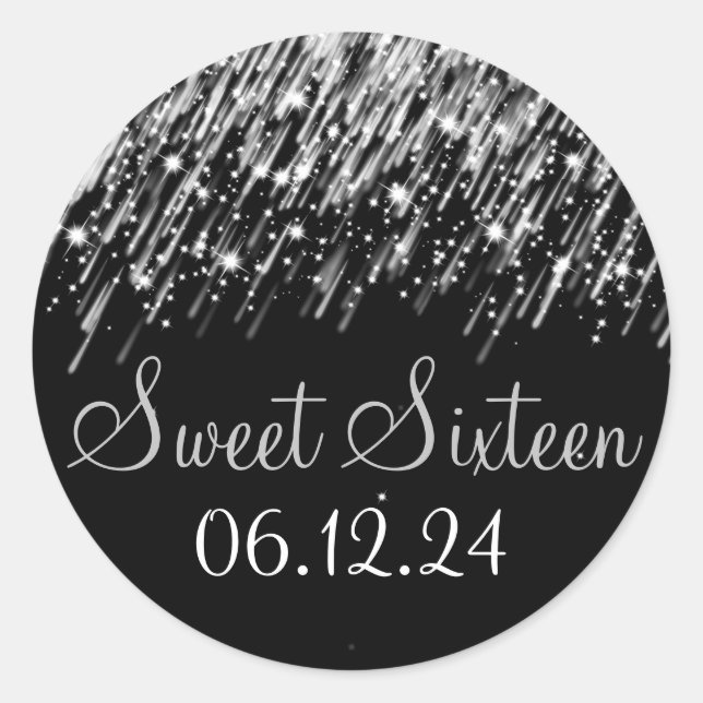 Sticker Rond Sweet sixteen Favor Falling Stars Silver (Devant)
