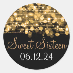 Sticker Rond Sweet sixteen Favor Party Sparkles Gold