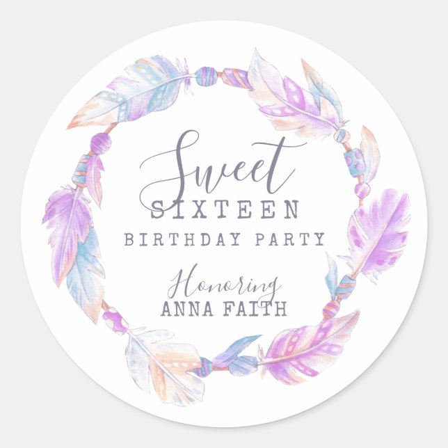 Sticker Rond Sweet sixteen fête d'anniversaire boho art violet (Devant)