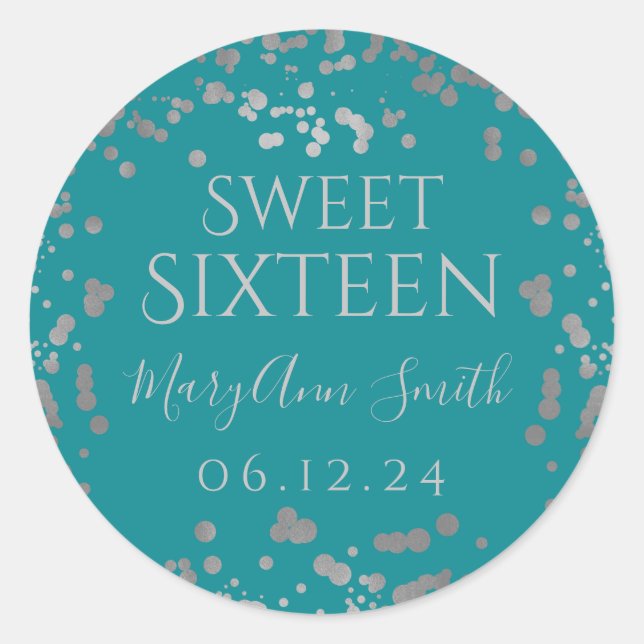Sticker Rond Sweet sixteen Fille Argent Confetti Turquoise (Devant)