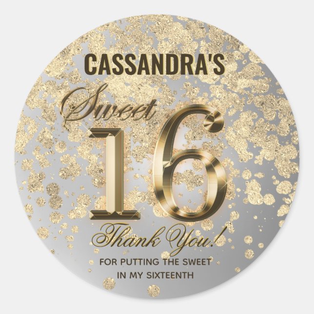 Sticker Rond Sweet sixteen Gold Faux Foil et Parties scintillan (Devant)