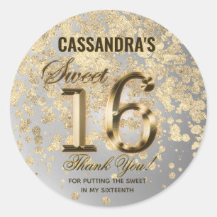 Sticker Rond Sweet sixteen Gold Faux Foil et Parties scintillan