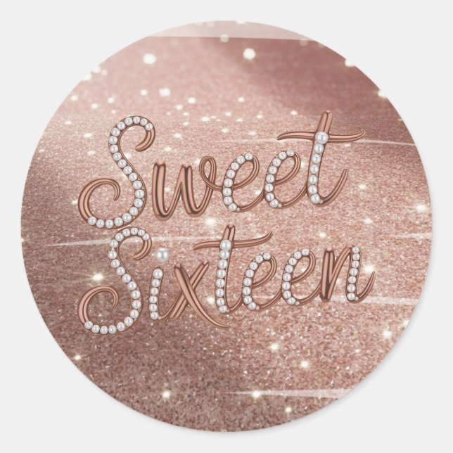 Sticker Rond Sweet Sixteen In Rose Gold and Pearls (Devant)