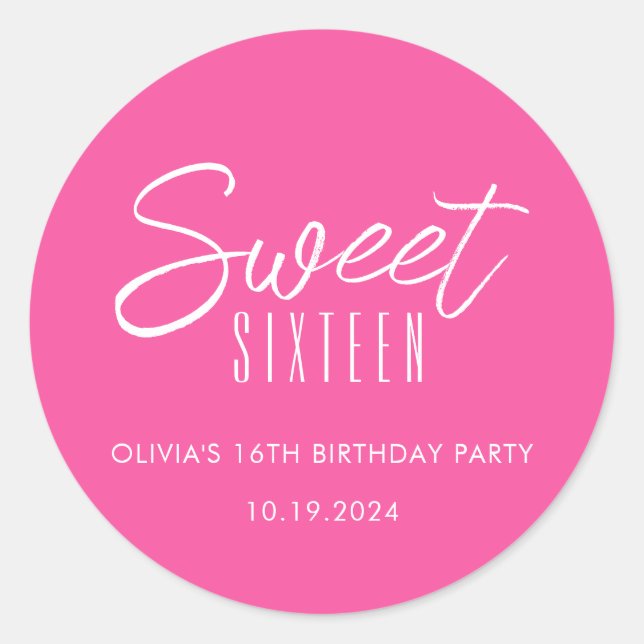 Sticker Rond Sweet sixteen moderne hot rose filles 16e annivers (Devant)