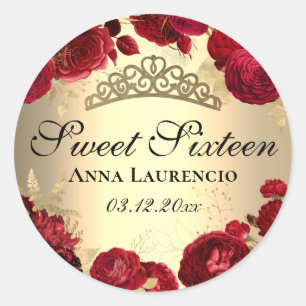 Sticker Rond Sweet sixteen or rouge Floral Rose
