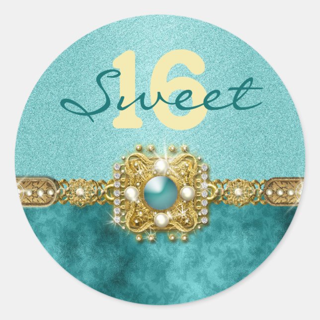 Sticker Rond "sweet sixteen" or turquoise 16 ans (Devant)
