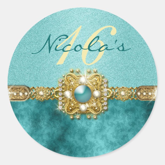 Sticker Rond "sweet sixteen" or turquoise 16 ans (Devant)