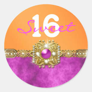 Sticker Rond "sweet sixteen" orange rose 16 ans