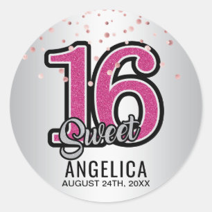 Sticker Rond Sweet sixteen personnalisé 16 d'or de rose de
