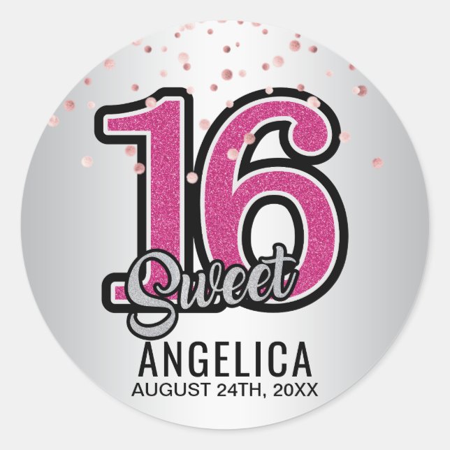 Sticker Rond Sweet sixteen personnalisé 16 d'or de rose de (Devant)