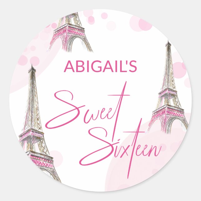 Sticker Rond Sweet sixteen Rose Blanc Paris Tour Eiffel (Devant)