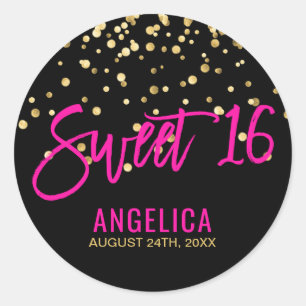 Sticker Rond Sweet sixteen rose chaud en or noir personnalisé 1