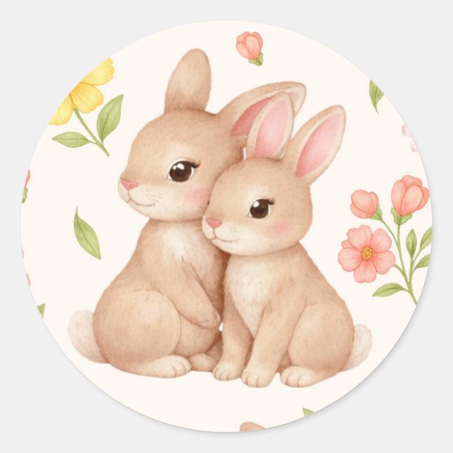 Sticker Rond Sweet Spring Bunnies & Floral Garden Pattern (Devant)