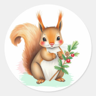 Sticker Rond Sweet Squirrel tenant Holly Branch Noël