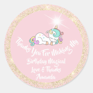 Sticker Rond Sweet Unicorn Anniversaire rose Merci Gold Spark