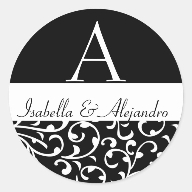 Sticker Rond Swirl Damask Monogrammes Noms Mariage Faveur Étiqu (Devant)