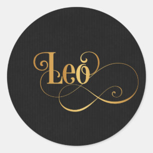 Sticker Rond Swirly Script Zodiac Sign Leo Gold on Black