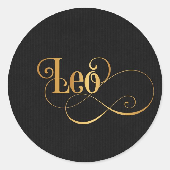 Sticker Rond Swirly Script Zodiac Sign Leo Gold on Black (Devant)
