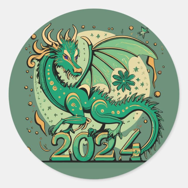 Sticker Rond Symbole 2024 Nouvel An, Dragon de Bois Vert (Devant)