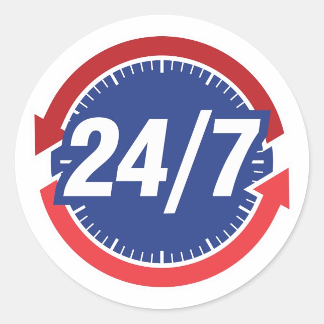 Sticker Rond Symbole 24/7 heures avec horloge face et flèches t (Devant)