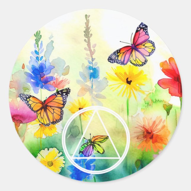 Sticker Rond Symbole AA Papillons et Fleurs Récupération (Devant)