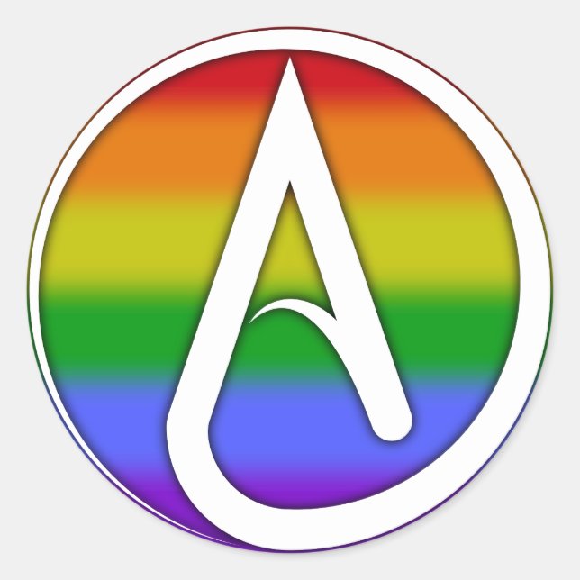 Sticker Rond Symbole athée blanc sur arc-en-ciel (Devant)
