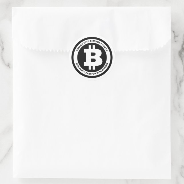 Sticker Rond Symbole Bitcoin noir et blanc Message personnalisé (Sac)