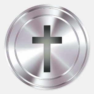 Sticker Rond Symbole Christian Cross - argent chrome
