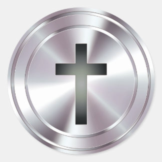 Sticker Rond Symbole Christian Cross - argent chrome