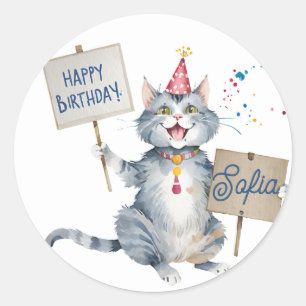 Sticker Rond Symbole d'anniversaire du chat gris - Anniversaire