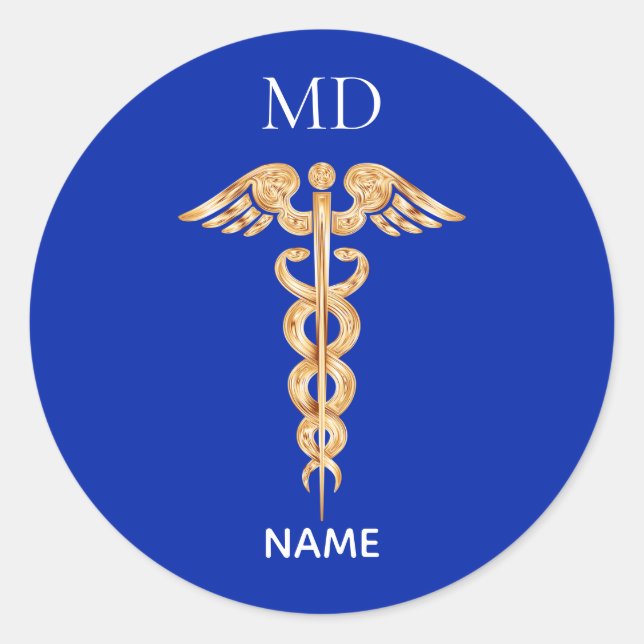 Sticker Rond Symbole de Caducée d'or et monogramme de Docteur M (Devant)