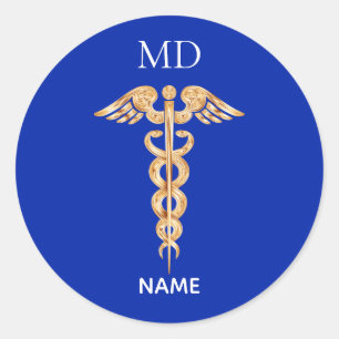 Sticker Rond Symbole de caducée doré et monogramme de médecin