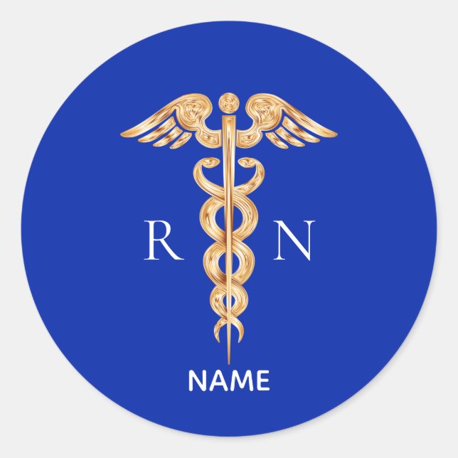 Sticker Rond Symbole de caducée doré et monogramme d'infirmière (Devant)