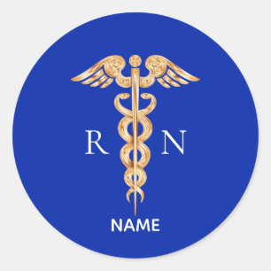 Sticker Rond Symbole de caducée doré et monogramme d'infirmière